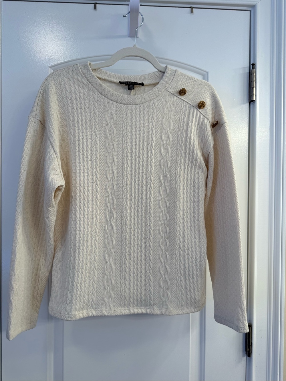 Meg & Margot Cream Cable Knit Crewneck Sweater with Shoulder Buttons